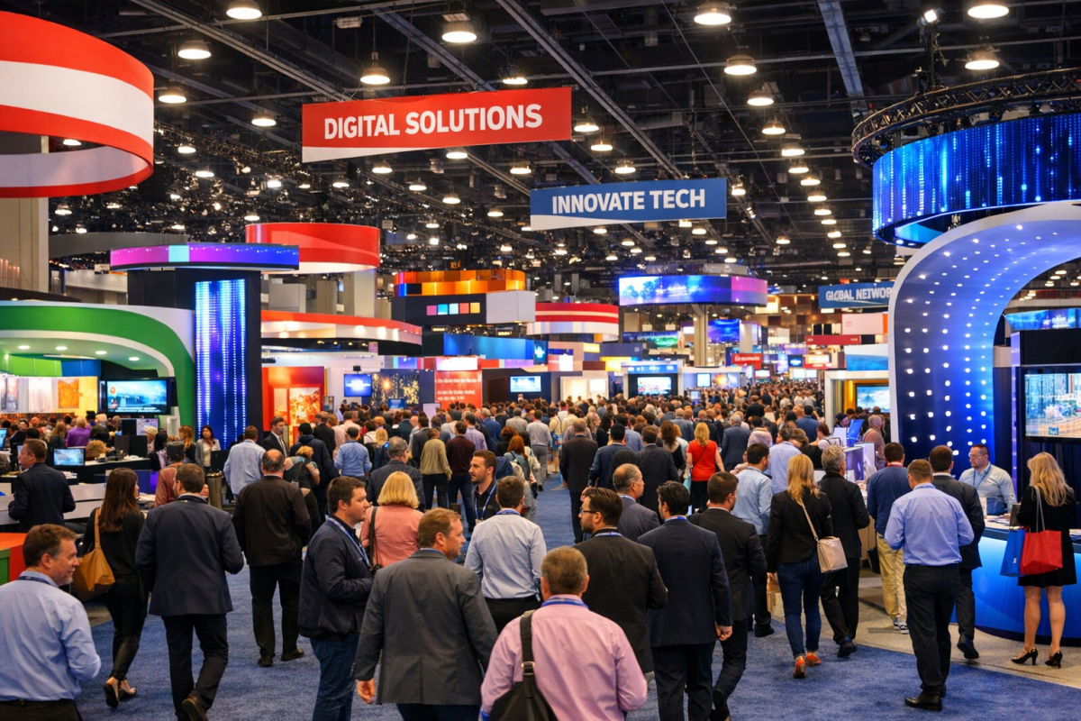 Crowded convention center trade show floor