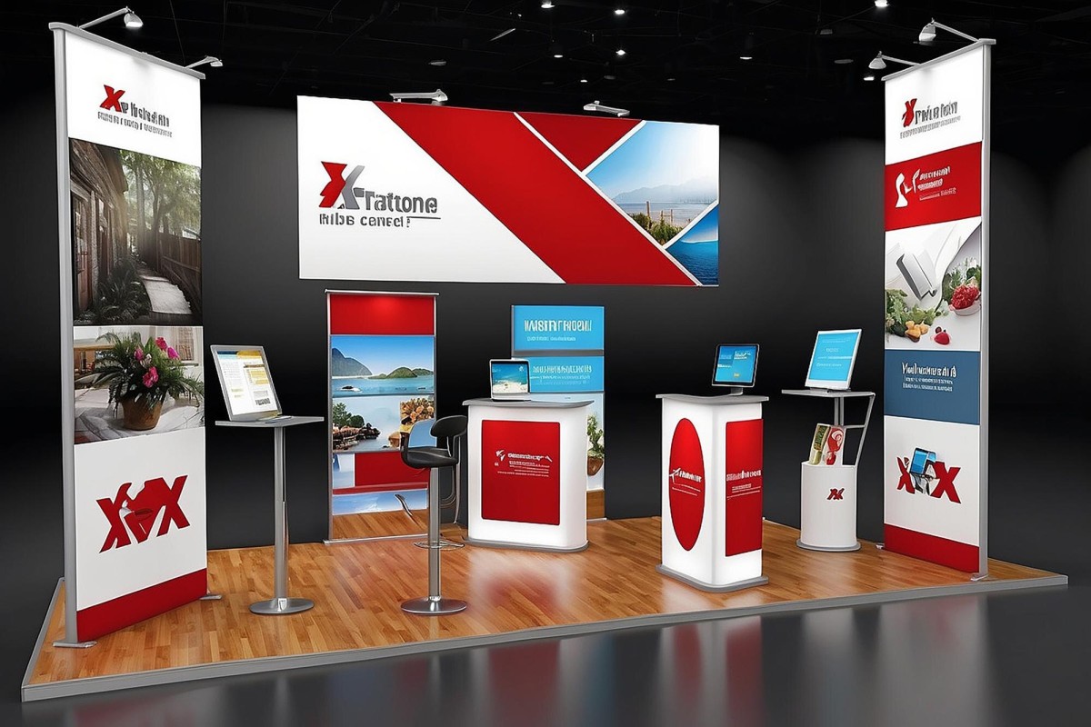 Trade show booth with display signage