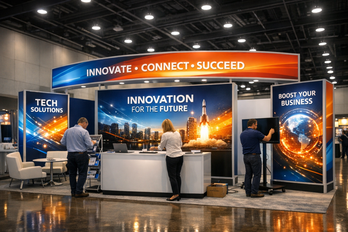 Trade show booth with scheduled signage displays