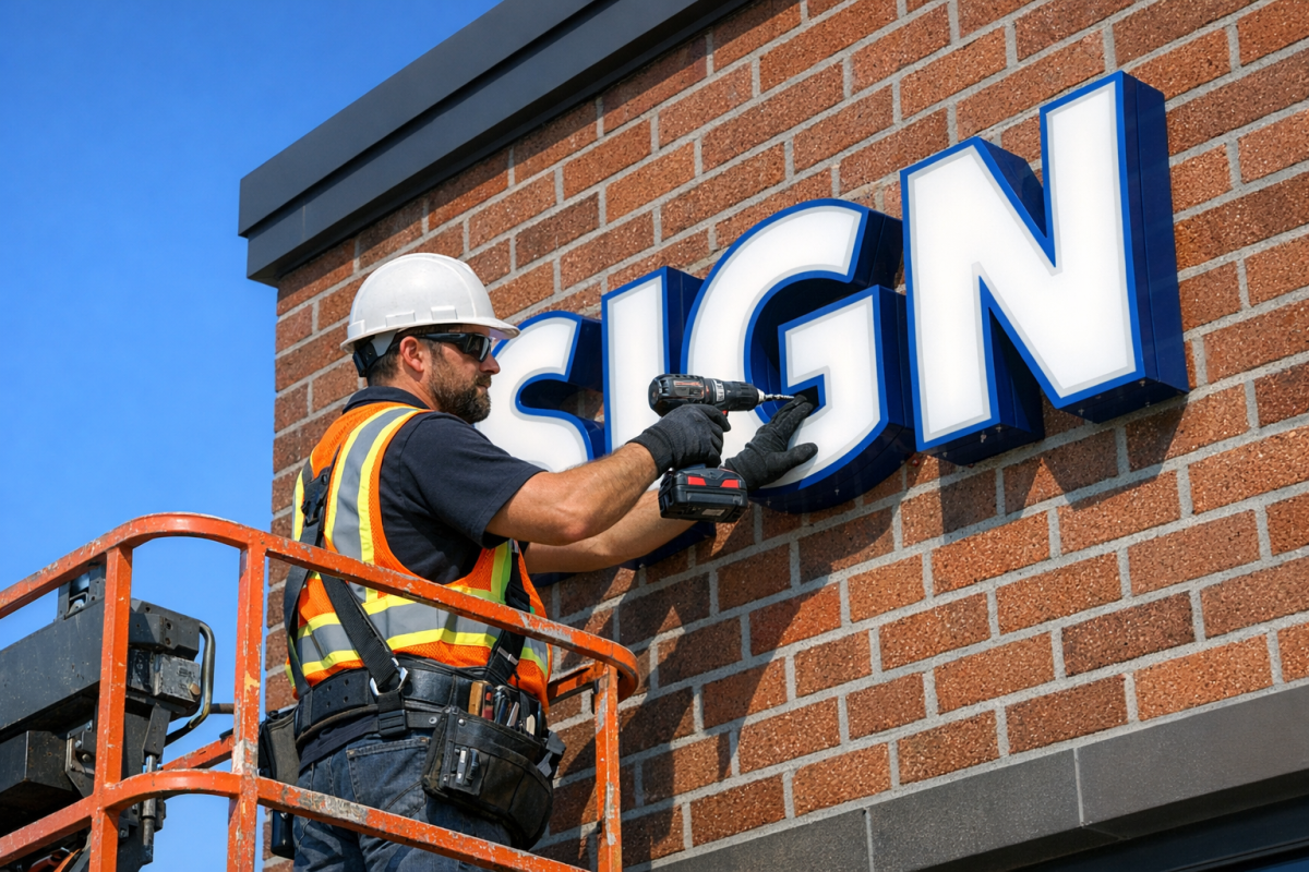 Sign installation worker on a ladder