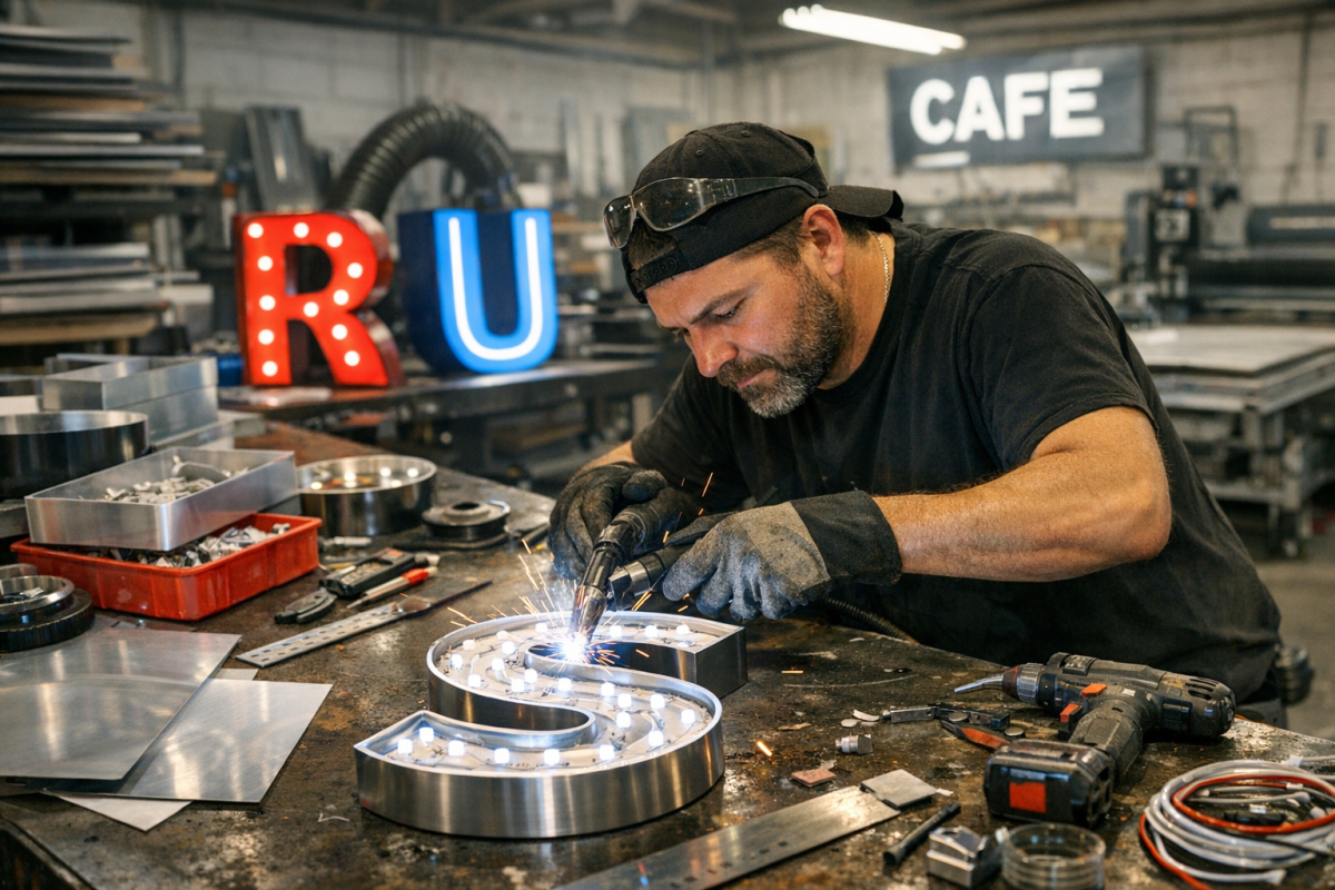 Workers fabricating a large business sign